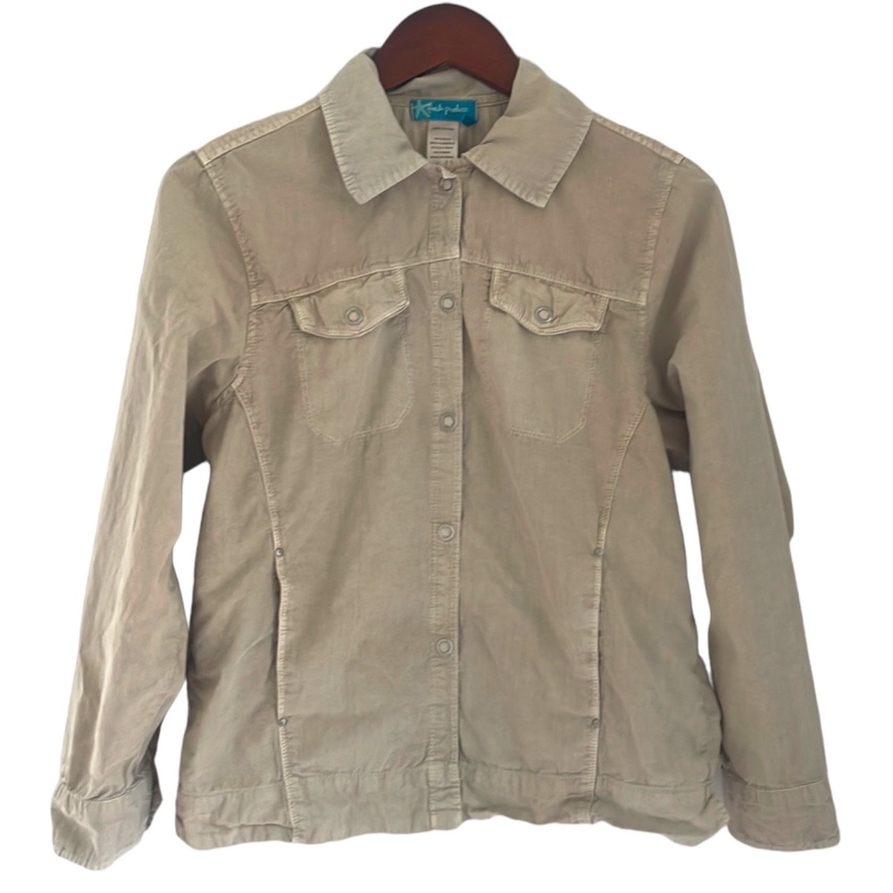 Fresh Produce Women's Small Button Up Jacket Tan Beige Belted Cinch Back Cotton